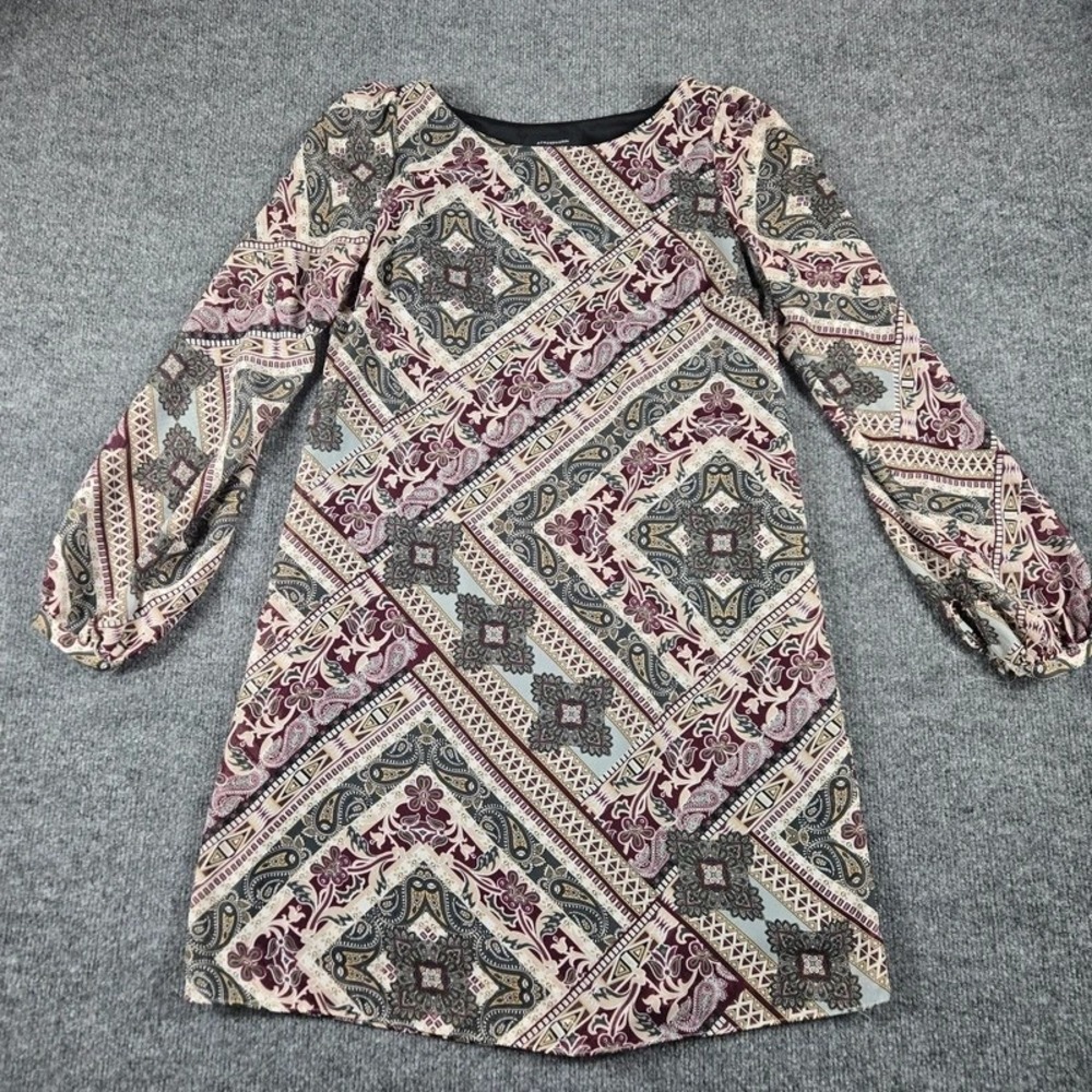 Atmosphere Paisley Shift Dress Women's US 4 Burgundy Boho Long Sleeve